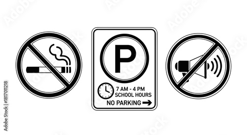 Three signs: no smoking, parking restrictions, and no loudspeakers, displayed side-by-side.