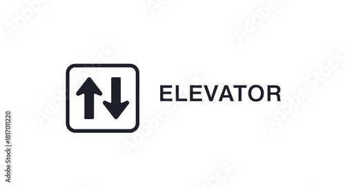 A sign with a square containing up and down arrows, next to the word "ELEVATOR".