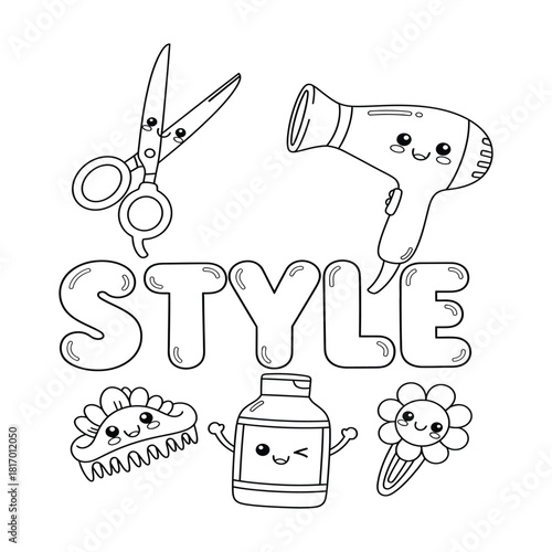 Hair styling tools and accessories with STYLE text in cute cartoon outline
