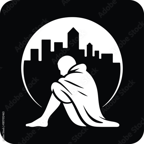 Silhouette of a person sitting alone and sad in front of a city skyline inside a circle