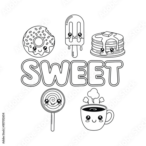 Kawaii sweet treats coloring page with donut popsicle and pancakes
