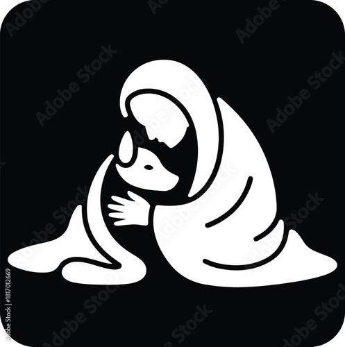 Simple black and white icon depicting a person tenderly embracing a small dog or animal