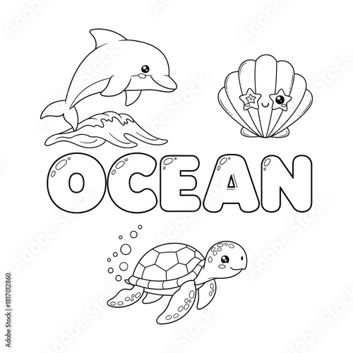 Ocean coloring page with dolphin, seashell, and sea turtle for children