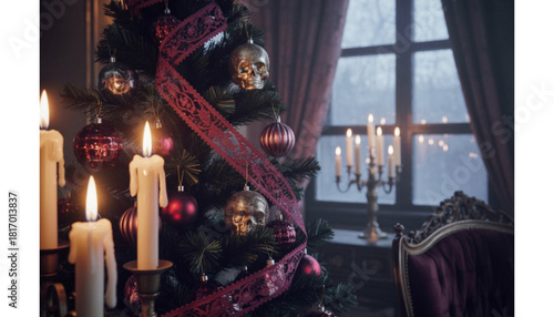 Dark gothic Christmas wallpaper, black and silver holiday décor, haunted winter forest, misty snowfall, creepy cozy aesthetic, Victorian gothic vibes, dramatic lighting, dark moody Christmas scene