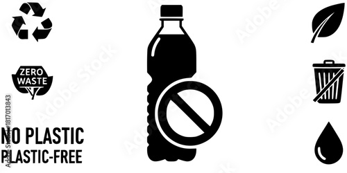 A silhouette of a Plastic Water Bottle with a large Circle-Slash (No/Ban) symbol over it, symbolizing the single-use plastic ban. Flat black vector.