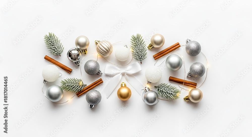 Fototapeta premium Elegant christmas decoration with silver and gold ornaments on white background