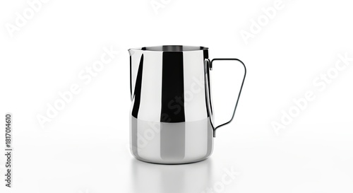 Professional gleaming stainless steel milk pitcher against white, essential for coffee shops, cafes, and home baristas who demand quality and clean design