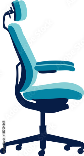 A modern ergonomic office chair with teal cushions and a dark blue frame is shown in a clean, minimal flat-style illustration.