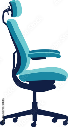 A modern ergonomic office chair with teal cushions and a dark blue frame is shown in a clean, minimal flat-style illustration.