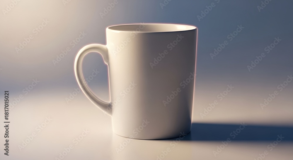 Obraz premium Tall white ceramic mug on a white surface with soft lighting