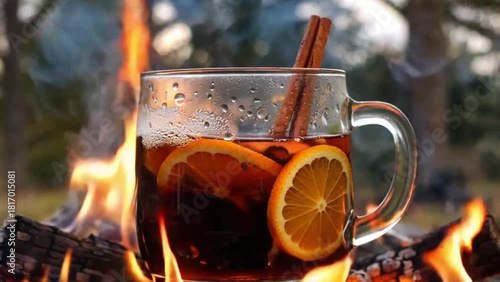 Warm beverage with lemon and cinnamon near campfire in autumn  