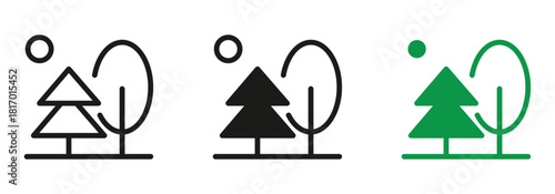 Forest icon set with trees and sun for nature design, perfect for eco-friendly projects and outdoor themed graphics in modern style