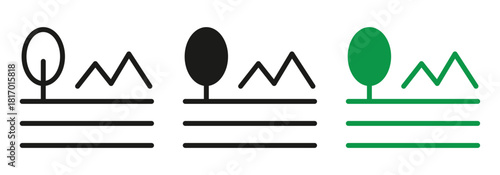 Minimalist landscape icons showcasing nature and simple design with trees, mountains, and fields offering a clean, modern and eco-friendly aesthetic