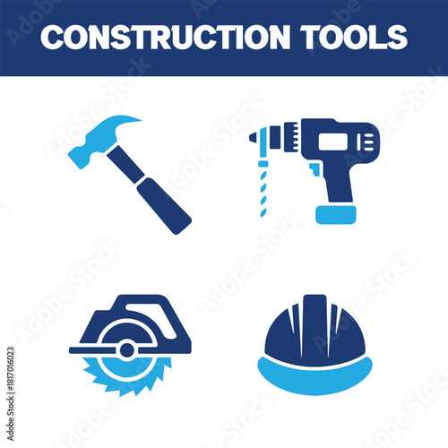 Hammer, Drill, Circular Saw, and Hard Hat Glyph Icons.