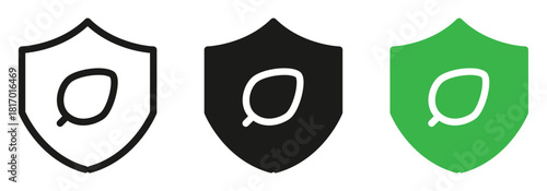 Eco-friendly shield logos for sustainable security branding, showcasing protection with a natural leaf symbol in black, white and green for environmental safety.