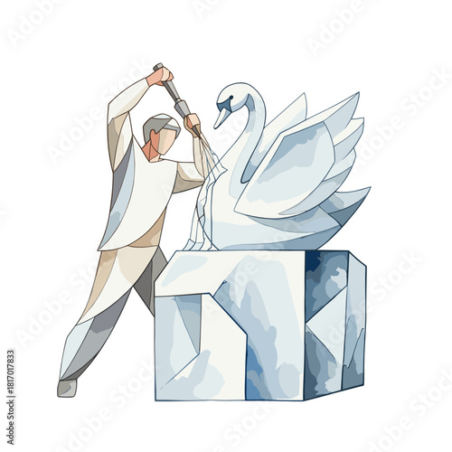 Ice sculptor carving a beautiful swan at Harbin Ice Festival  