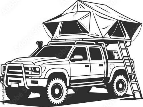 Off-Road Camping Truck with Roof Tent Vector Illustration.