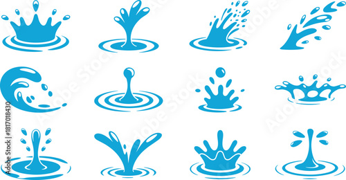 Vector Set of Dynamic Blue Water Splashes and Droplets, Featuring Ripples, Crowns, and Waves for Beverage, Liquid, or Purity Product Graphics.