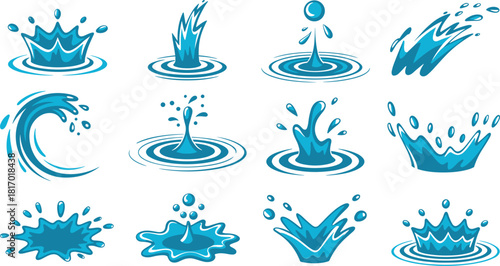 Vector Set of Dynamic Water Splash Illustrations, Featuring Ripples, Waves, Droplets, and Crown Effects for Beverage, Purity, and Liquid Product Packaging Design.