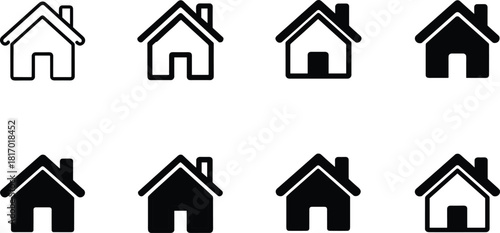 Vector Set of Home Icons in Various Outline and Solid Black Styles, Representing House, Property, Real Estate, Website Navigation, and Dwelling Symbols.