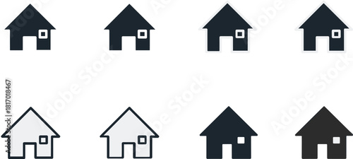 Vector Set of Home and House Icons in Two-Tone Color and Outline Styles, Representing Property, Real Estate, Homepage Navigation, and Simple Dwelling Symbols.
