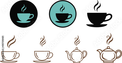 Vector Set of Hot Beverage Icons Featuring Steaming Tea Cups and Pots in Minimalist Outline and Color Silhouette Badges for Cafe and Tea Shop Logos.