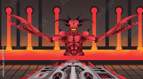 first person shooter nuclear weapon vs giant demon in lava stage