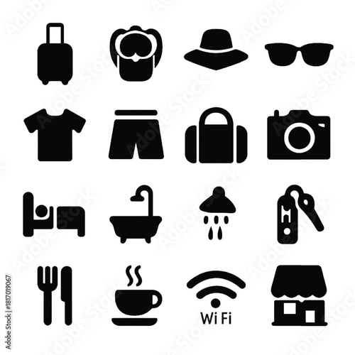 Travel essentials icon set for packing and luggage.