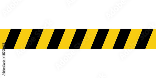 Warning tape with yellow and black diagonal stripes. Warn stop seamless line. Yellow and black caution tape border eps 10