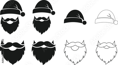 Santa claus hat and beard icon set in black and white