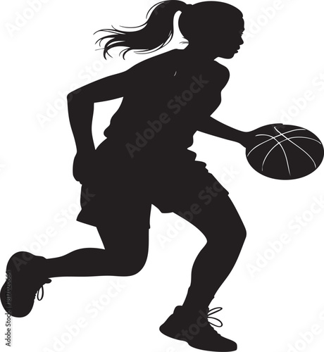 A dynamic black silhouette of a woman in motion, dribbling a basketball with her right hand against a bright background.