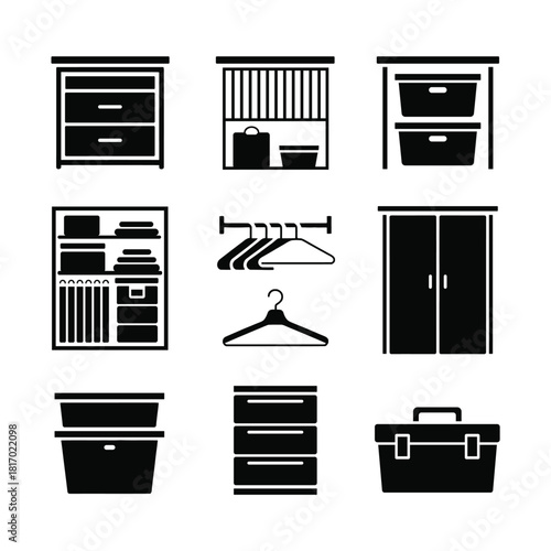 Black and white icons depicting various furniture pieces for storage