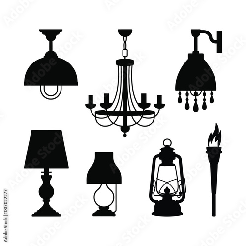 Various styles of antique and modern lighting fixtures in black silhouette