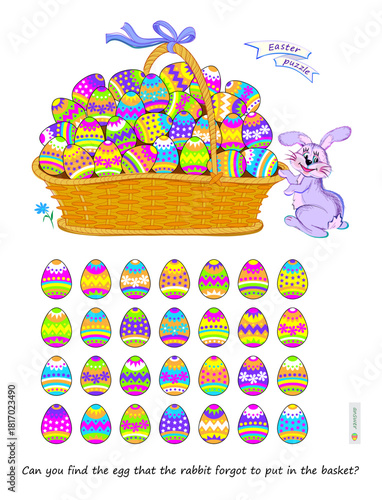 Can you find the egg that the rabbit forgot to put in the basket? Find and search game. Logic puzzle for children and adults. Brain teaser book. Task for attentiveness. Hand drawn vector illustration