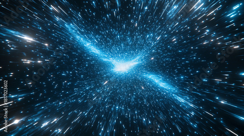 Hyperspace jump through a luminous tunnel, flying past stars at lightspeed with streaking motion, evoking abstract spaceship travel and sci-fi light-speed acceleration.