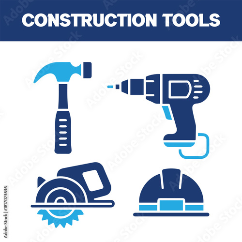 Hammer, Drill, Circular Saw, and Hard Hat Glyph Icons.