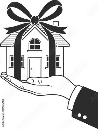 House Gift in Hand Illustration, Real Estate Giving Concept.