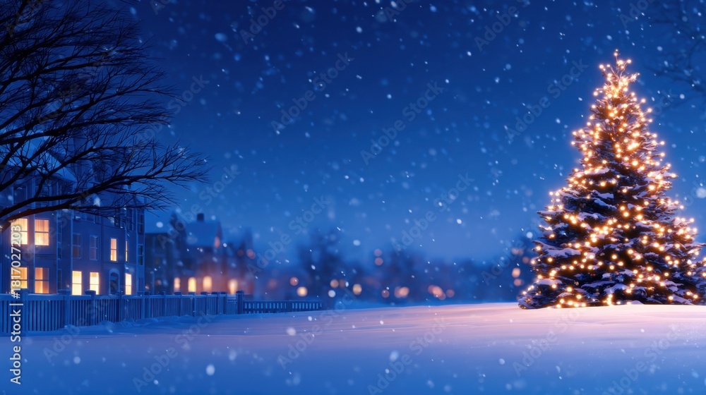 Fototapeta premium A serene winter night scene featuring a beautifully lit Christmas tree amidst softly falling snowflakes