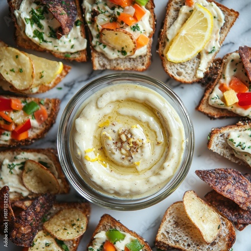 Premium aioli sauce in glass bowl with gourmet toasted bread crostini colorful vegetables lemon garnish marble surface restaurant appetizer platter