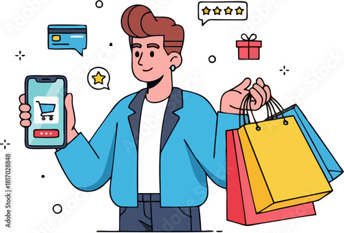 Successful Online Shopping Concept: Man Holding Mobile Phone and Retail Bags.