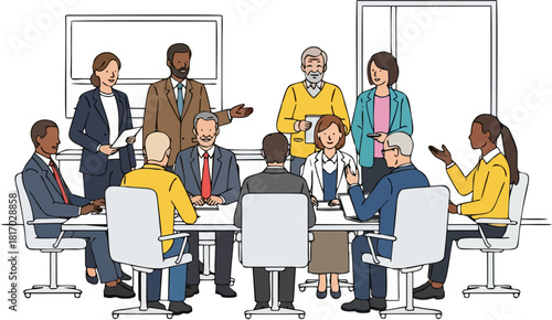 Diverse Business Team Discussing Strategy at Conference Meeting Table Illustration