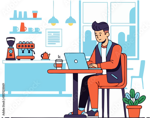 Freelancer Working Remotely at Modern Coffee Shop with Laptop Illustration.