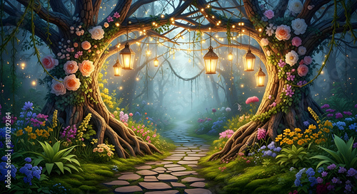 Enchanted forest path with hanging lanterns and blooming flowers fairy tale magic
