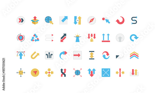 Dimension and way direction arrows infographic signs, loop cycle process color icon set. UI design arrows to measure and resize window, extend and turn, edit and move flat vector illustration