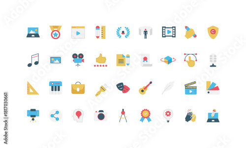 Graphic design portfolio and tools, software for visual art creation, copyright and award color icon set. Imagination for artists picture and video film, photo and music flat vector illustration