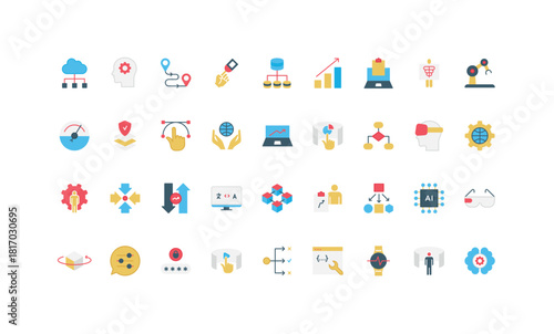 Artificial intelligence, integrated digital data and crypto blocks, microchip processor color icon set. Smart intelligent technology, access and tech settings, applications flat vector illustration