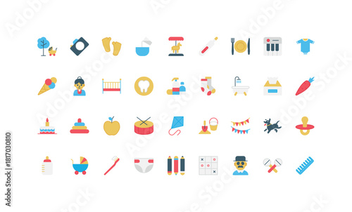 Newborn baby care, playground toys and comfort skin hygiene items, infant clothes and stroller color icon set. First teeth and steps, pacifier and food, crib and romper flat vector illustration