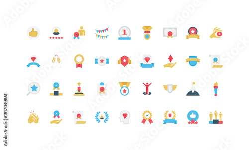 Award medal and prize, best results and guarantee stamp label, winners podium color icon set. Certificate of accredited product and warranty of standards, champions badge flat vector illustration