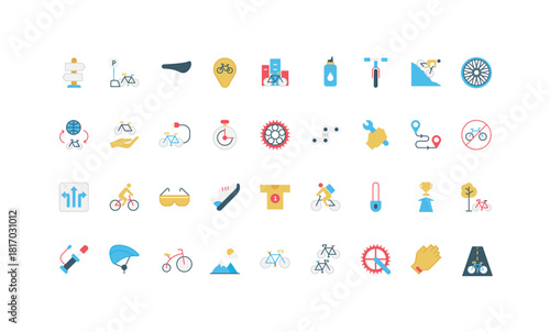 Bike race and bicycle parts, safety helmet and sportswear of cyclist, city park track color icon set. Electric transport, pump to inflate tire, gear of vehicle and route flat vector illustration