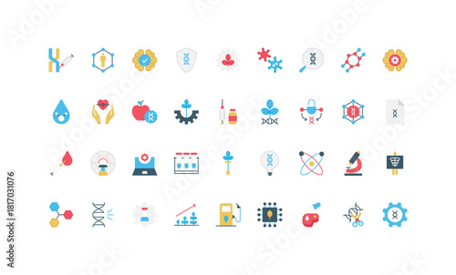 Biotechnology and chemistry lab research, manipulation with DNA and chromosome protection color icon set. Plant based meat, biochemistry and microbiology idea, invention flat vector illustration